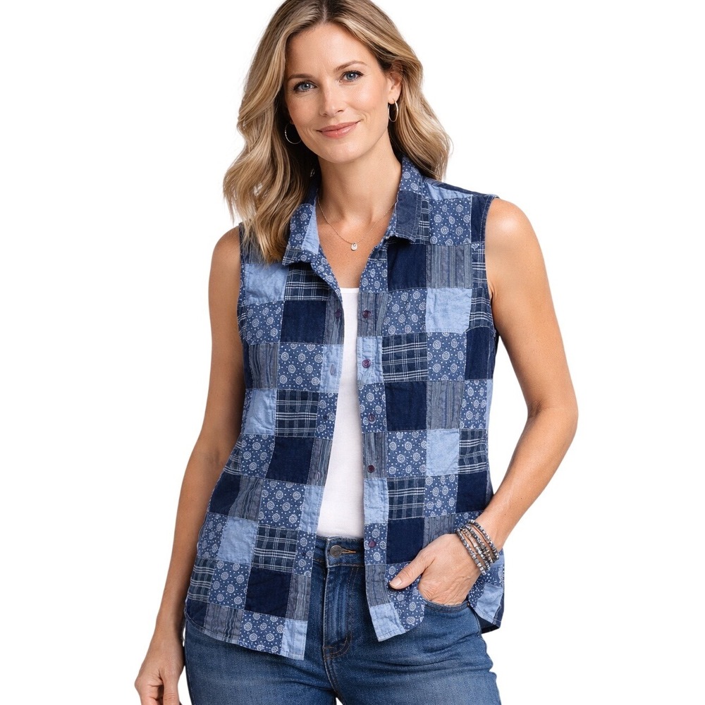 Sag Harbor Sport Blue Patchwork Sleeveless Button Down Vest XL Coastal Grandma